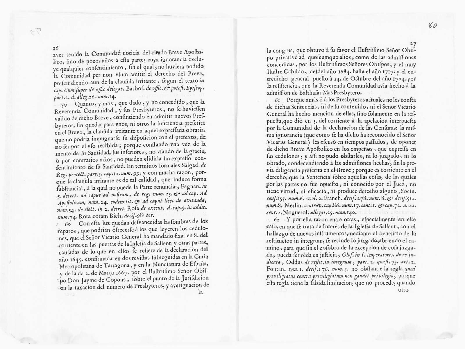 Brief on behalf Juan Barrera Barnils, the General Vicar of the Bishopric of Vic, versus the community of the parish church of Santa María of the village of Sallent, its Rector and other priests, concerning the rejection of José Bria and José Font to be members of said community of the parish church of Santa María of the village of Sallent. December 12, 1720