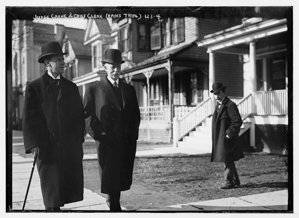 Judge Crane and Chief Clerk (Hains trial) on sidewalk, New York