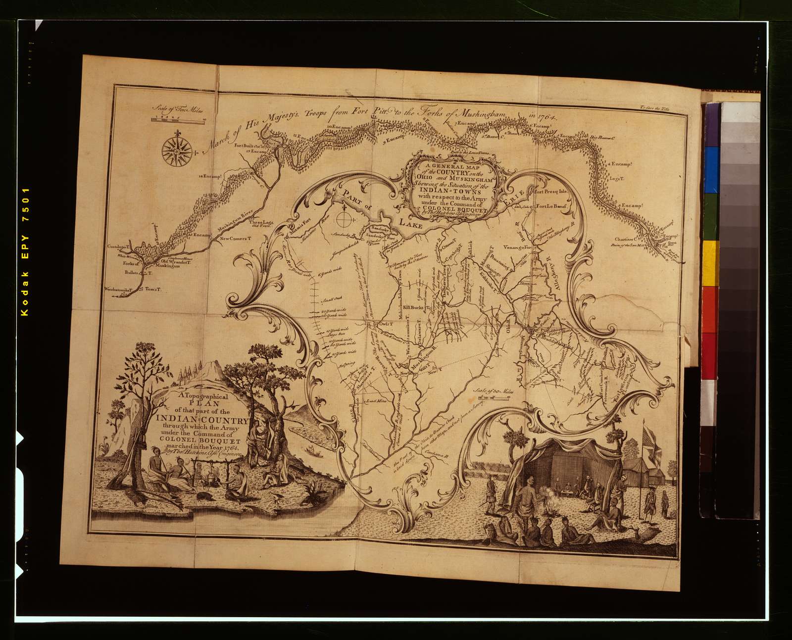 A general map of the country on the Ohio and Muskingham showing the situation of the Indian-towns with respect to the Army under the command of Colonel Bouquet March of His Majesty's troops from Fort Pitt to the forts of Muskingham in 1764 / / Tho. Hutchins.
