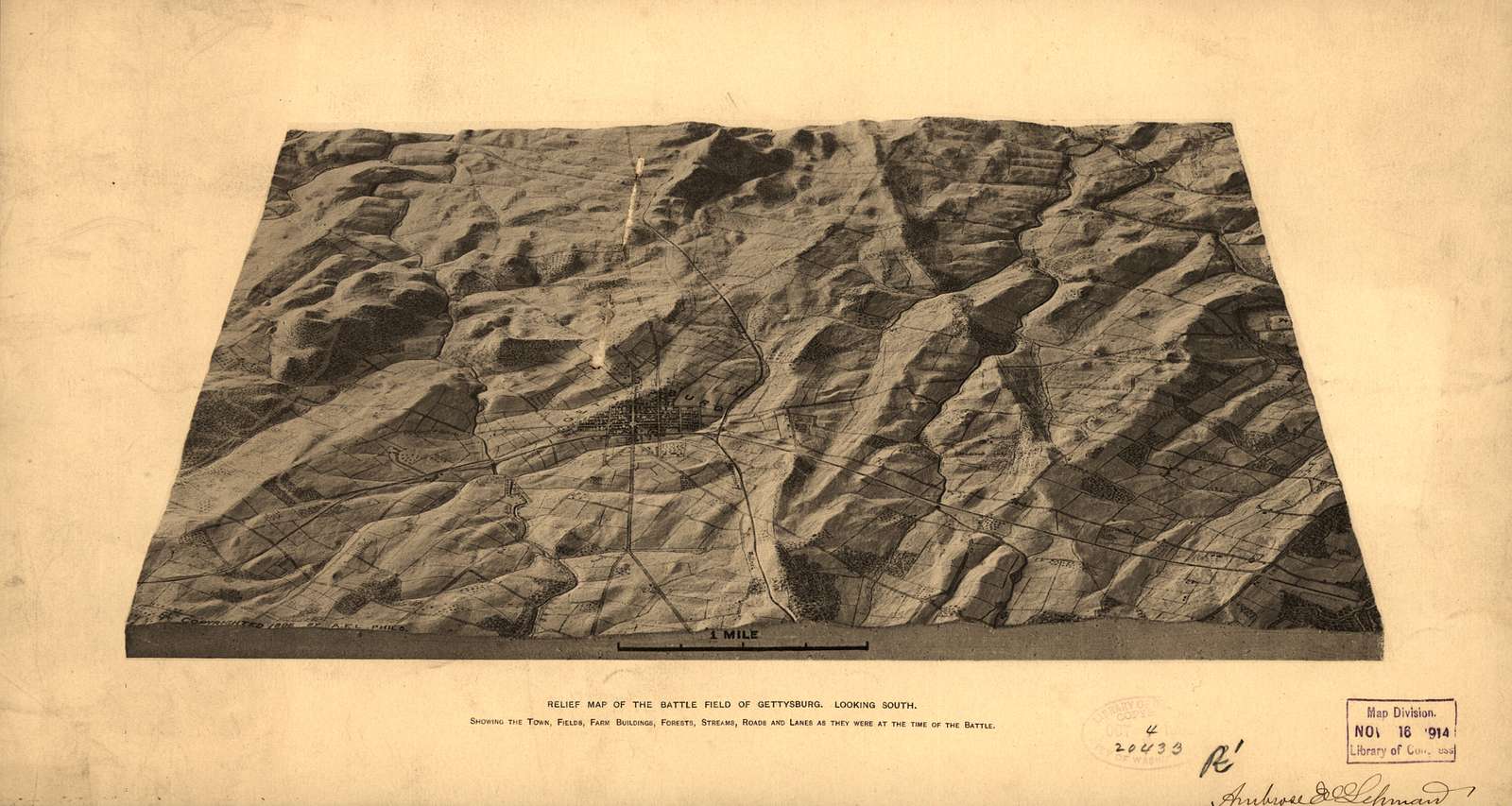 Relief map of the battle field of Gettysburg. Looking south. Showing the town, fields, farm buildings, forests, streams, roads and lanes as they were at the time of the battle.