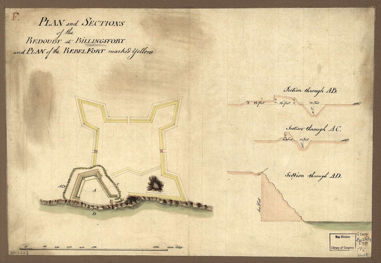 Plan and sections of the redoubt at Billingsfort and plan of the rebel fort marked yellow.