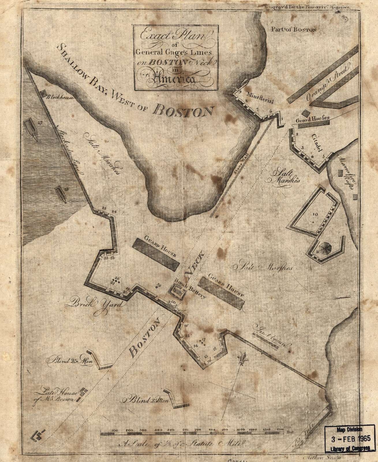 Exact plan of General Gage's lines on Boston Neck in America.