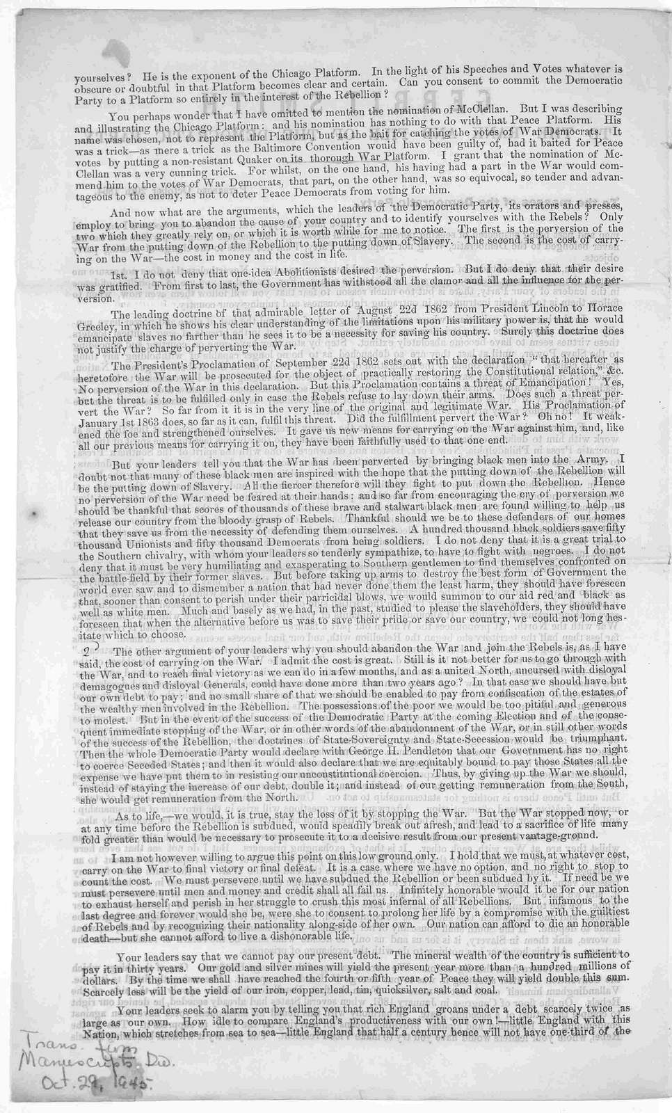 Gerrit Smith. To the rank and file of the Democratic party. To the masses of the Democratic party. Petersboro. October 20th, 1864.