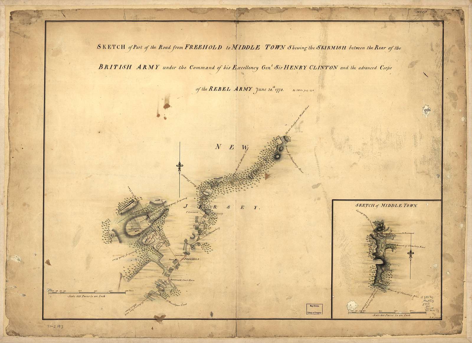 Sketch of part of the road from Freehold to Middle Town shewing the skirmish between the rear of the British Army under the command of His Excellency Genl. Sir Henry Clinton and the advanced corps of the rebel army, June 28th. 1778. Sketch of Middle Town.