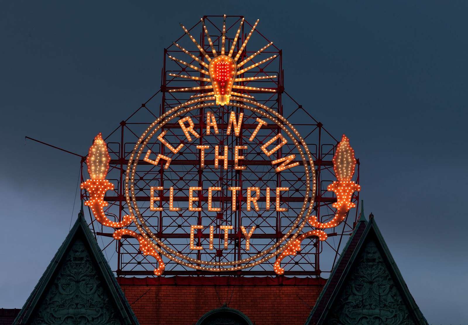 Historic Electric City sign, restored in 2008, shines again. Scranton, Pennsylvania