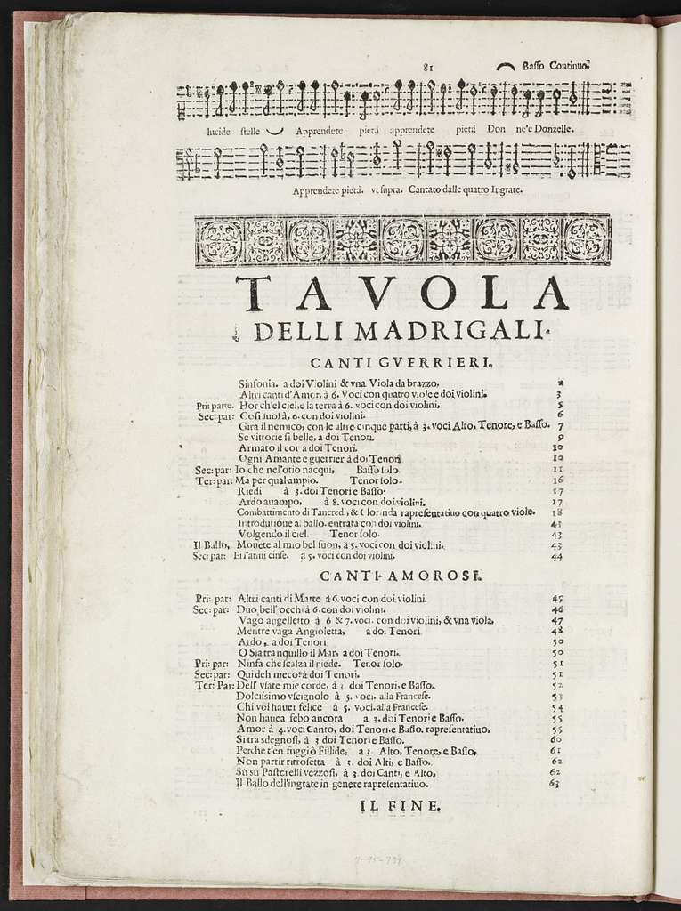 Madrigali gverrieri, et amorosi con alcuni opuscoli in genere rappresentatiuo, che saranno per breui episodij frà i canti senza gesto, libro ottavo