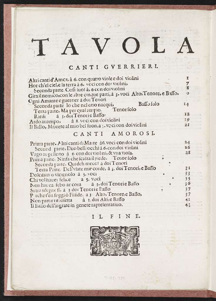 Madrigali gverrieri, et amorosi con alcuni opuscoli in genere rappresentatiuo, che saranno per breui episodij frà i canti senza gesto, libro ottavo