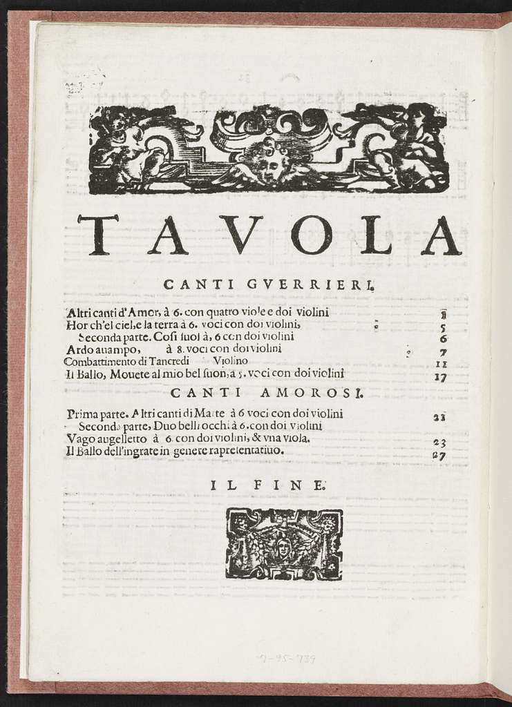 Madrigali gverrieri, et amorosi con alcuni opuscoli in genere rappresentatiuo, che saranno per breui episodij frà i canti senza gesto, libro ottavo