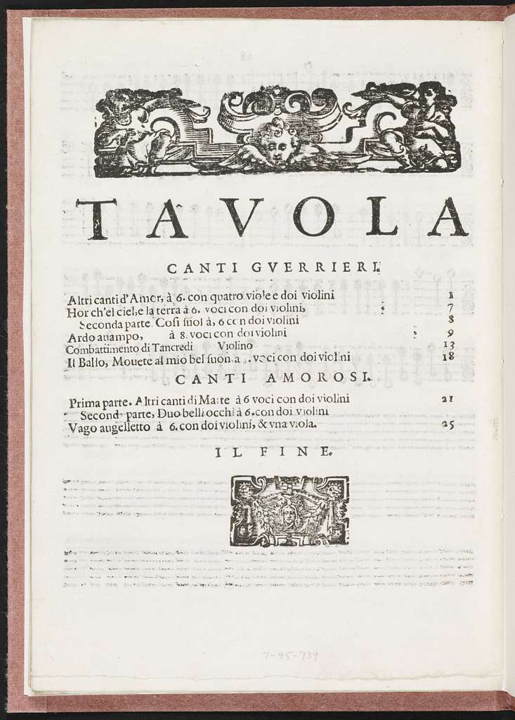 Madrigali gverrieri, et amorosi con alcuni opuscoli in genere rappresentatiuo, che saranno per breui episodij frà i canti senza gesto, libro ottavo