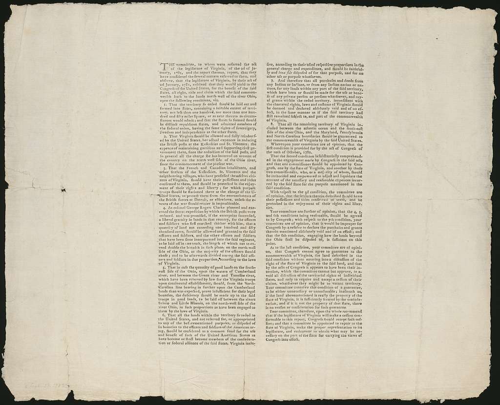 The committee, to whom were referred the act of the legislature of Virginia, of the 2d of January, 1781, and the report thereon, report ...
