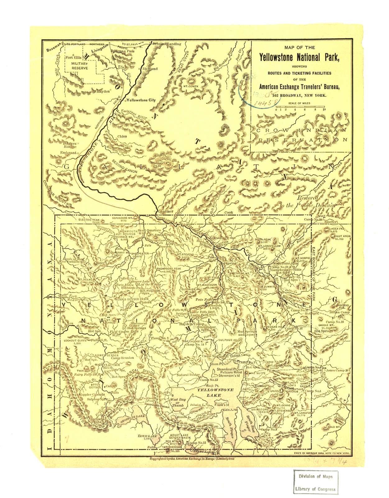 Map of the Yellowstone National Park, showing routes and ticketing facilities of the American Exchange Travelers' Bureau.